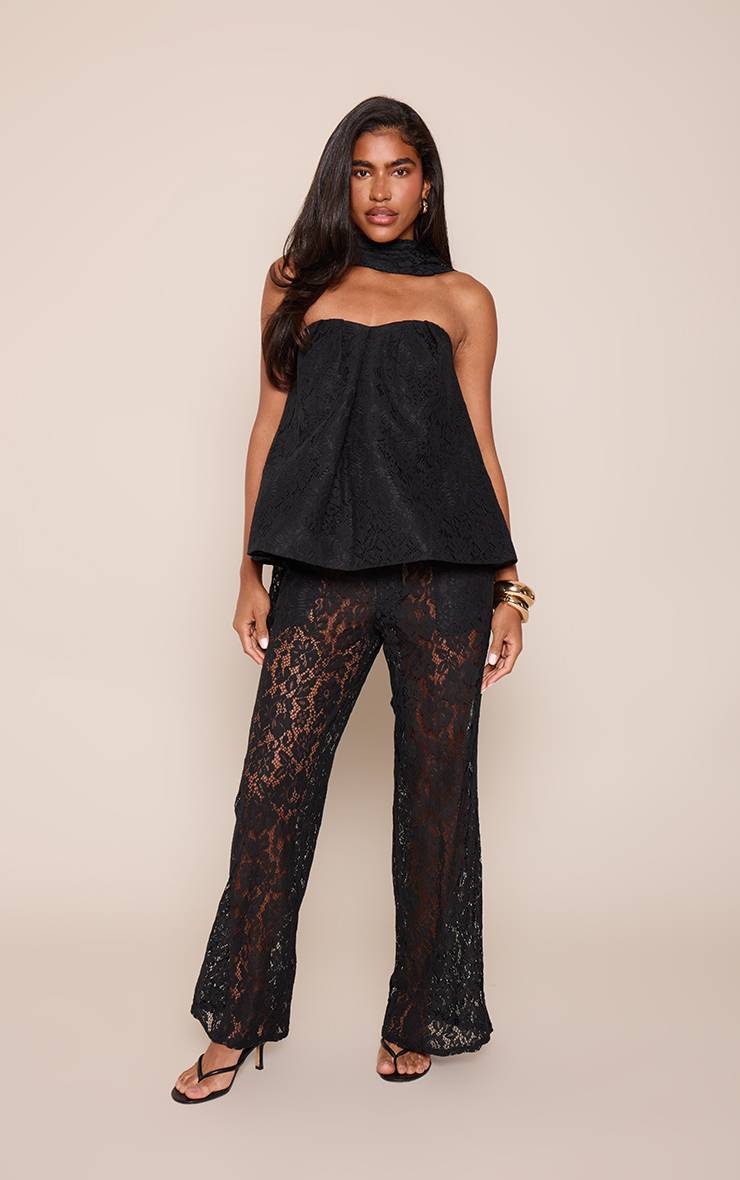 Noir Haut Bandeau Bustier En Dentelle Structurée Avec Décolleté Cœur Ensemble Coordonné