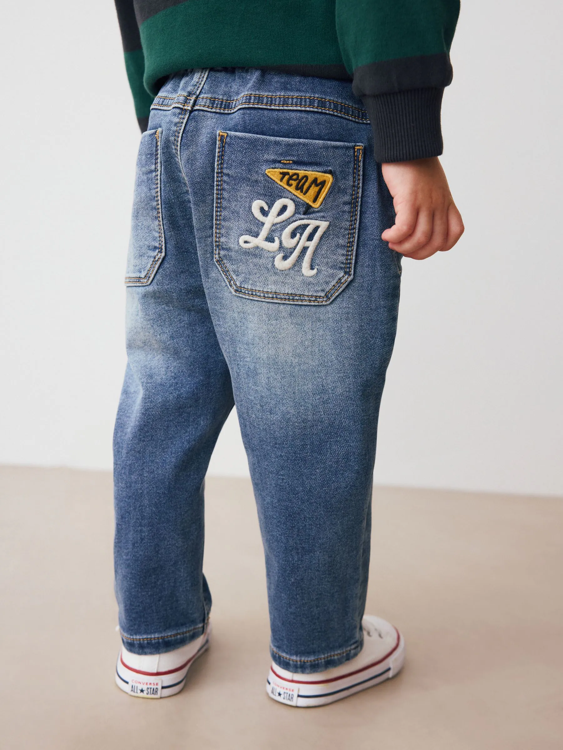 Middenblauwe Varsity - Jeans met elastische taille (3mnd-7jr)