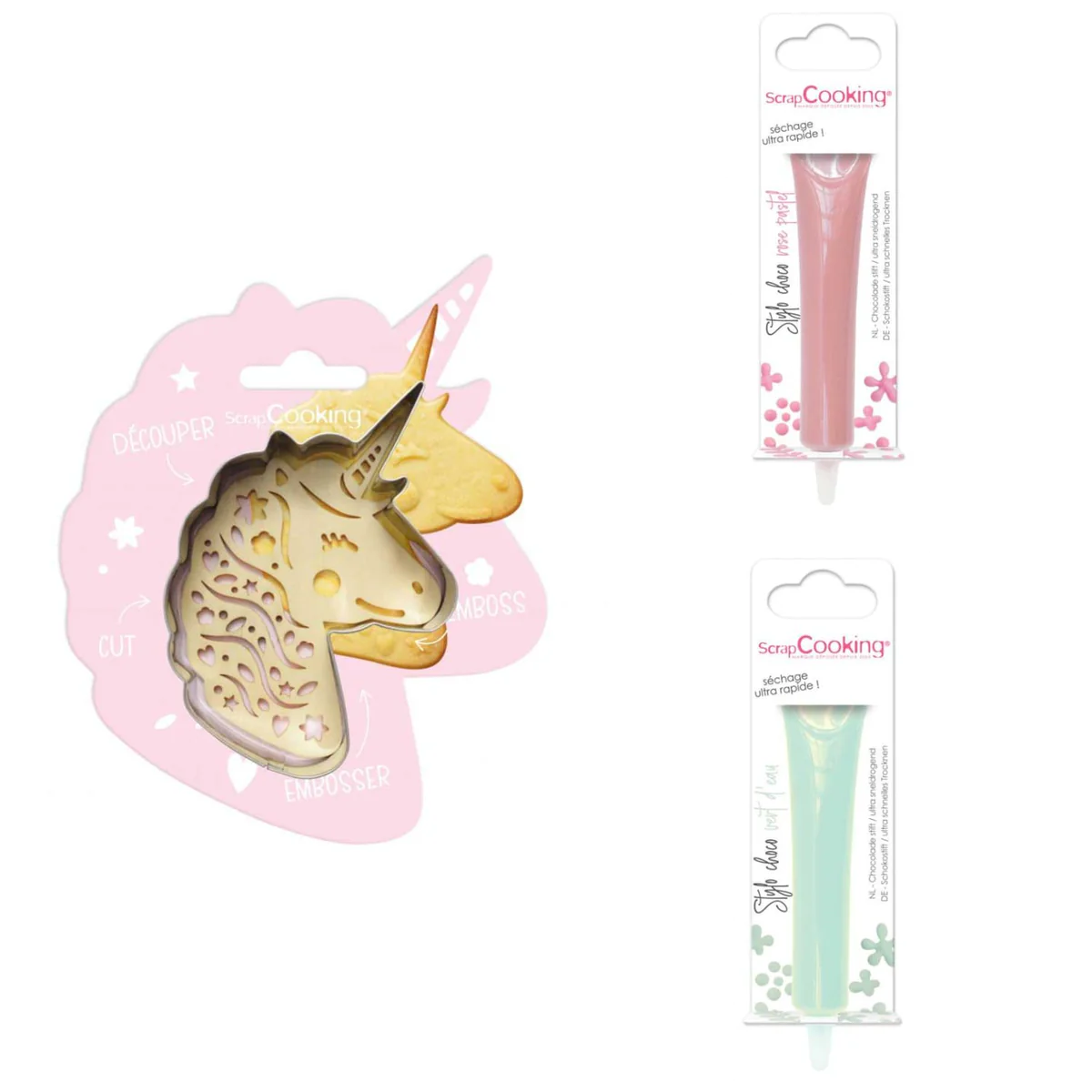 Kit pour biscuit en relief Licorne + 2 Stylos au chocolat rose pastel