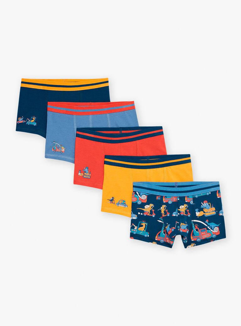 5 boxers bleu, jaune et rouge à imprimé et motif dinoaures