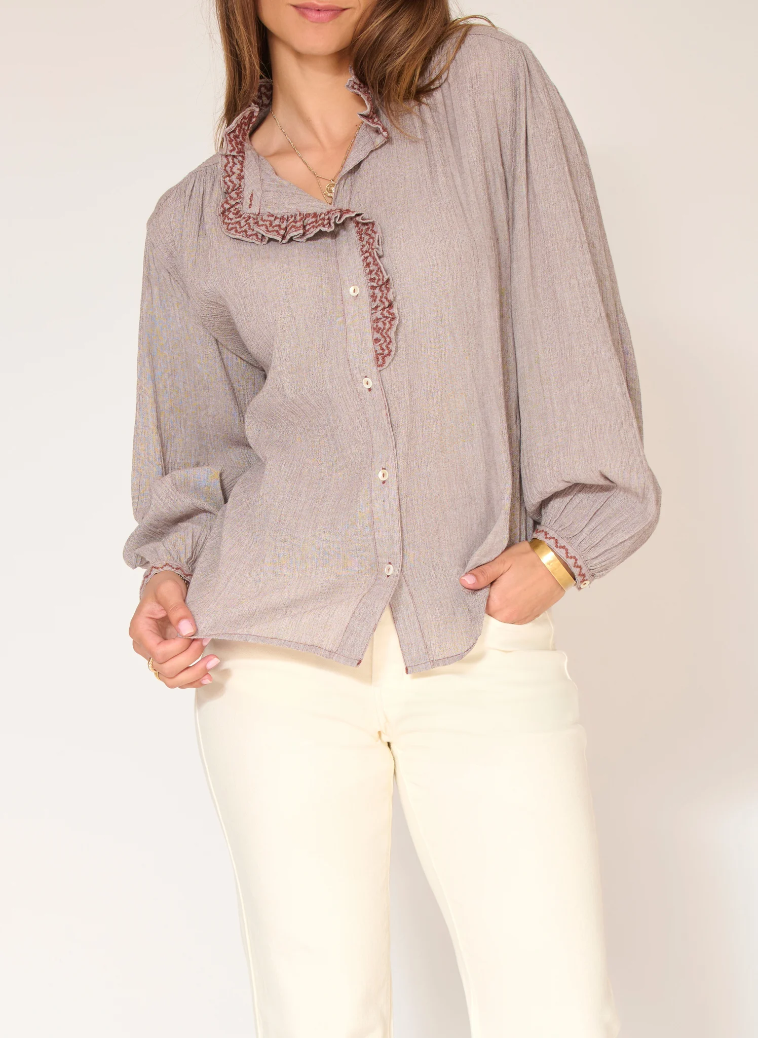 COLOMBO - Chemise ample col rond en coton | Marron