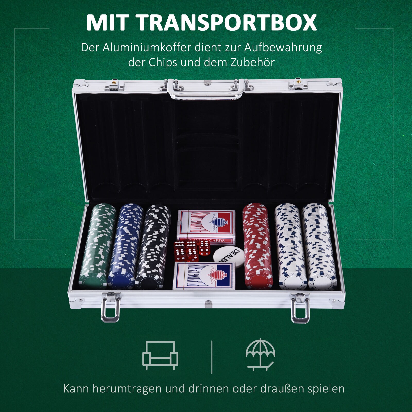 HOMCOM Pokerkoffer mit 300 Chips silber 38 x 20,5 x 6,5 cm (LxBxH)
