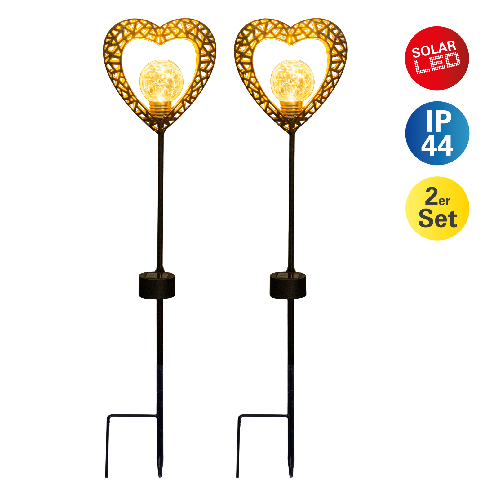 2er-Set LED-Solarleuchte HERZ - schwarz-gold - mit Erdspieß