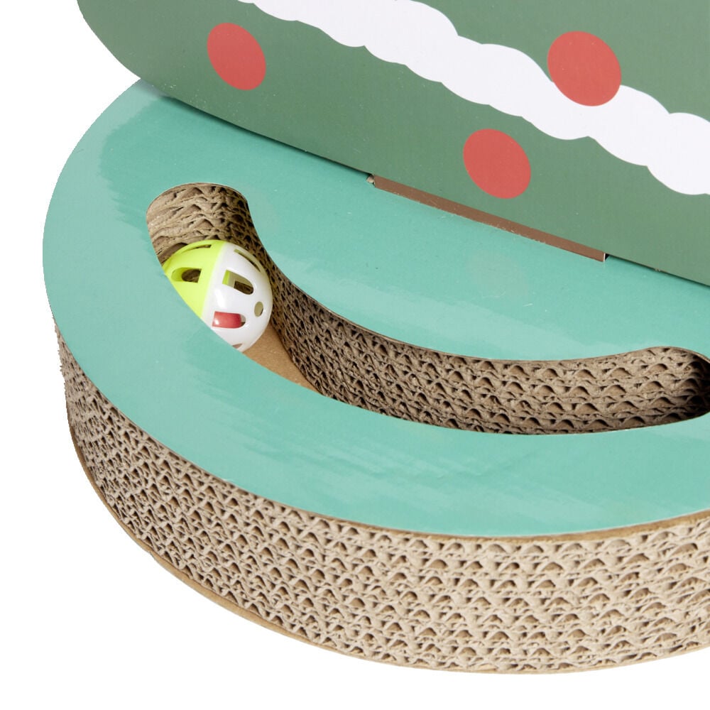 Grattoir carton forme sapin de Noël et jeu de balle pour chat Ø33xH28,5cm