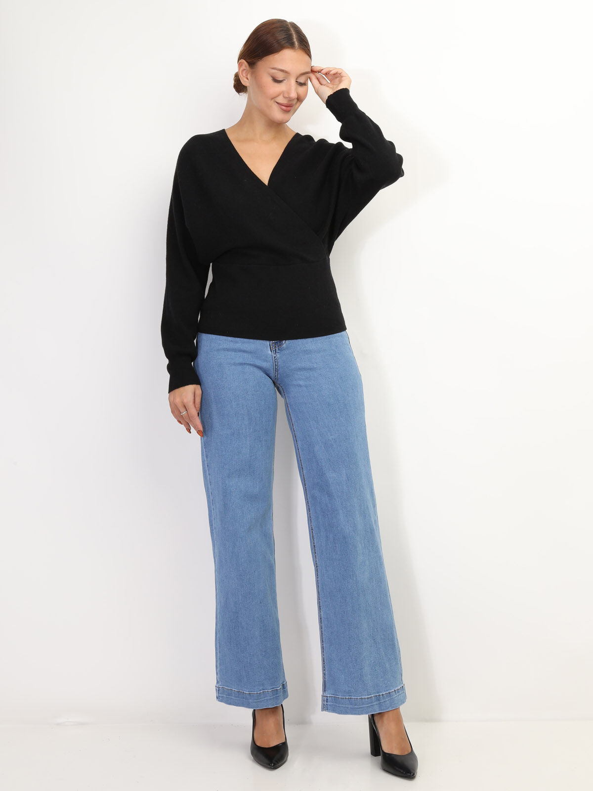 Pull en maille à col cache coeur- Noir