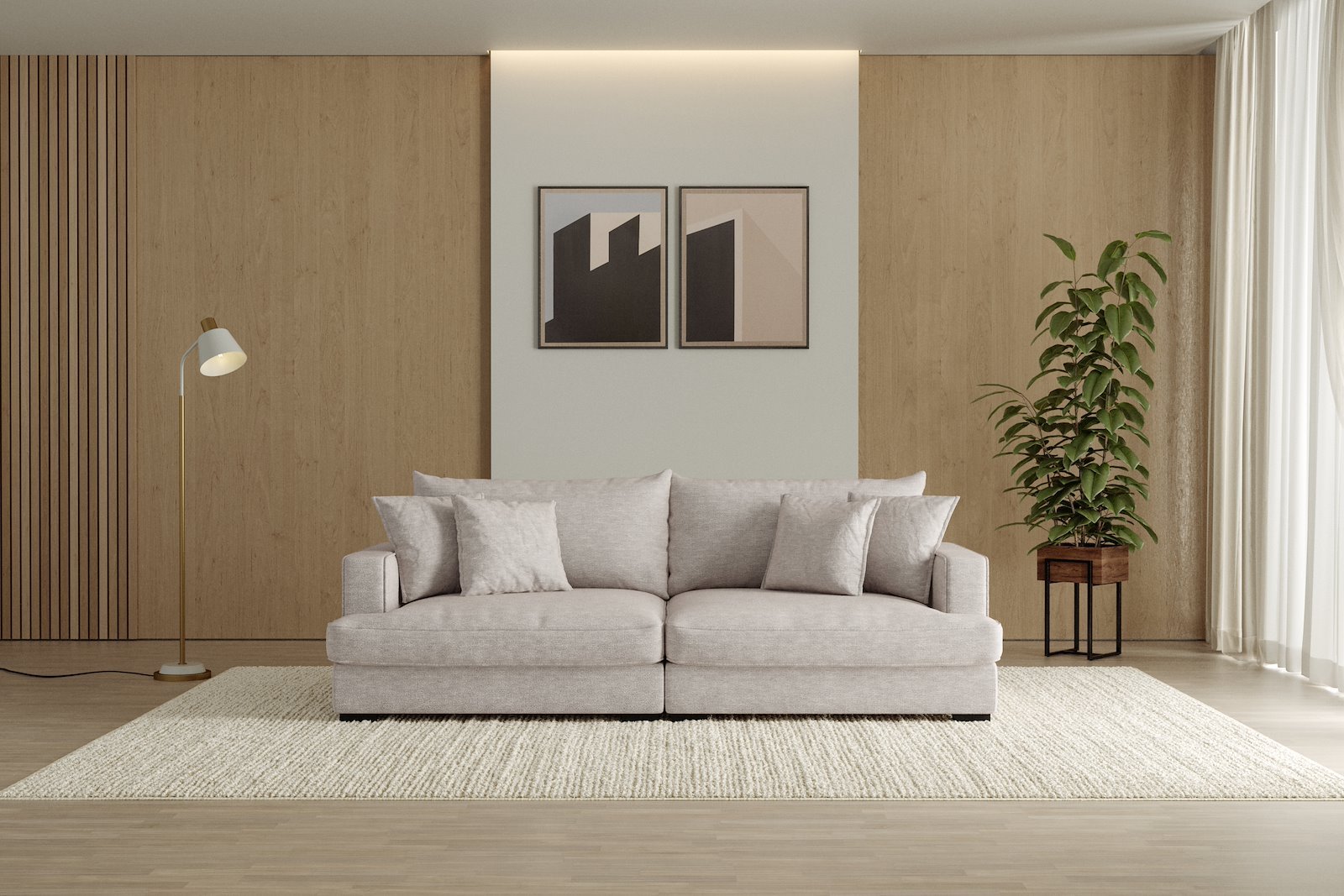 Rossi 3-seter sofa Tekstil Beatto 1027 Lys Grå, arm A med sorte ben. Std. Komfort.