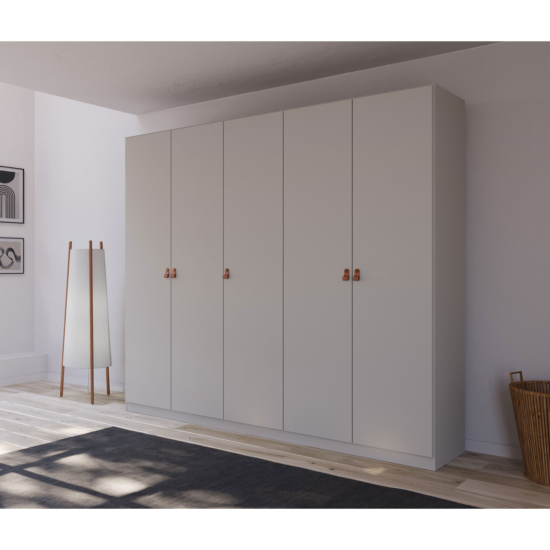 Drehtürenschrank - seidengrau - Ledergriffe - 226 cm
