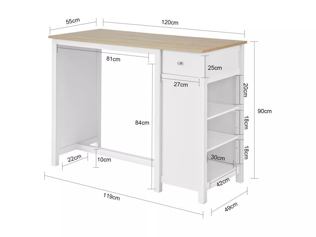 Table Haute De Bar Table De Cuisine Mange-debout– Blanc Lxlxh 120x55x90 cm, Fwt64-wn