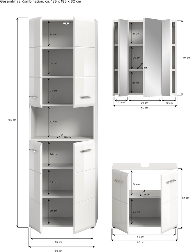 INOSIGN Badmöbel-Set »FLORENZ, TOPSELLER!, 3-teilige Badkombination, hochwertige MDF-Front« Set, best. aus: 1 Hochschrank, 1Waschbeckenunterschrank, 1 Spiegelschrank,