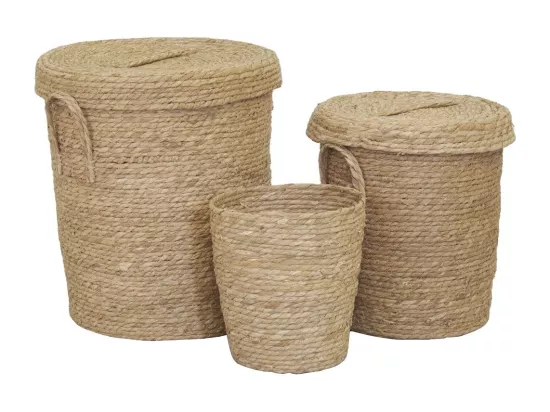Lot 2 coffres + 1 poubelle en jonc naturel