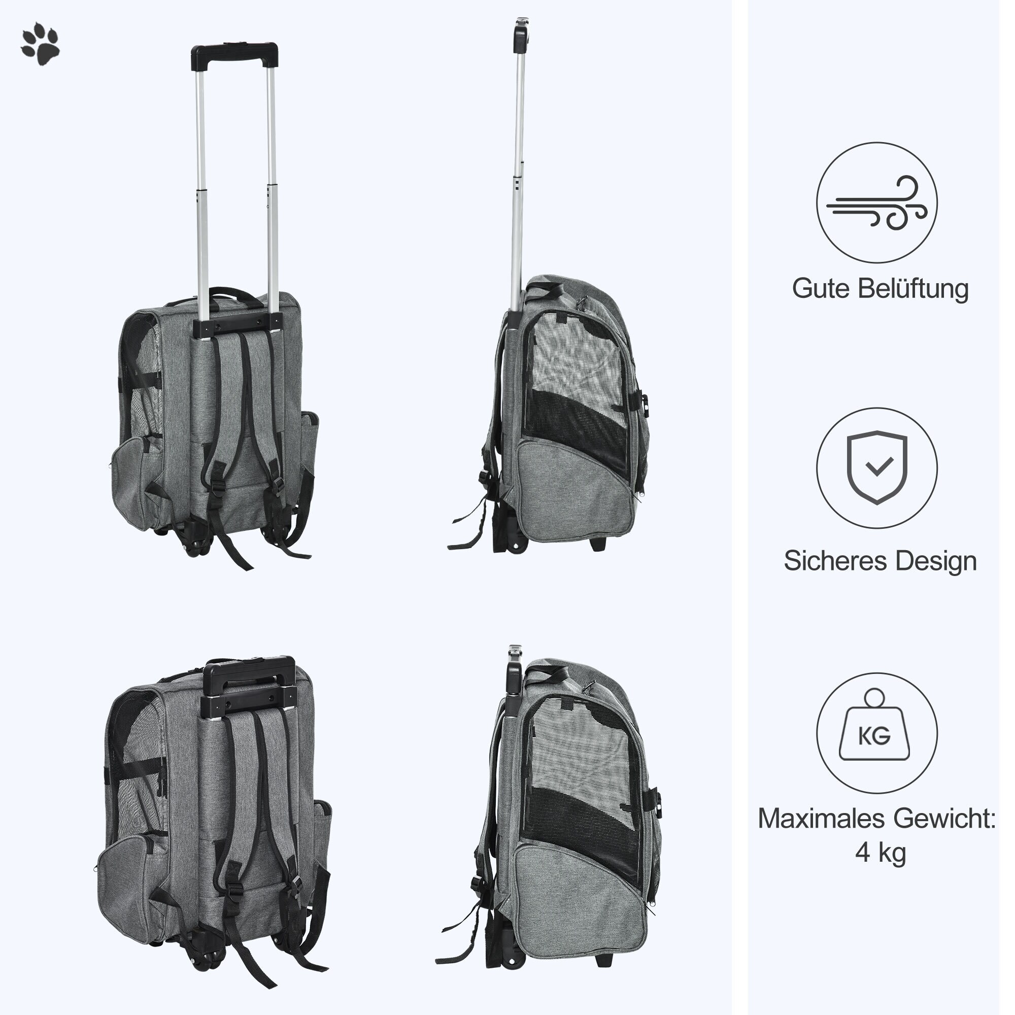 PawHut Hundetrolley 2 in 1 Rucksack grau 42cm x 25cm x 55cm