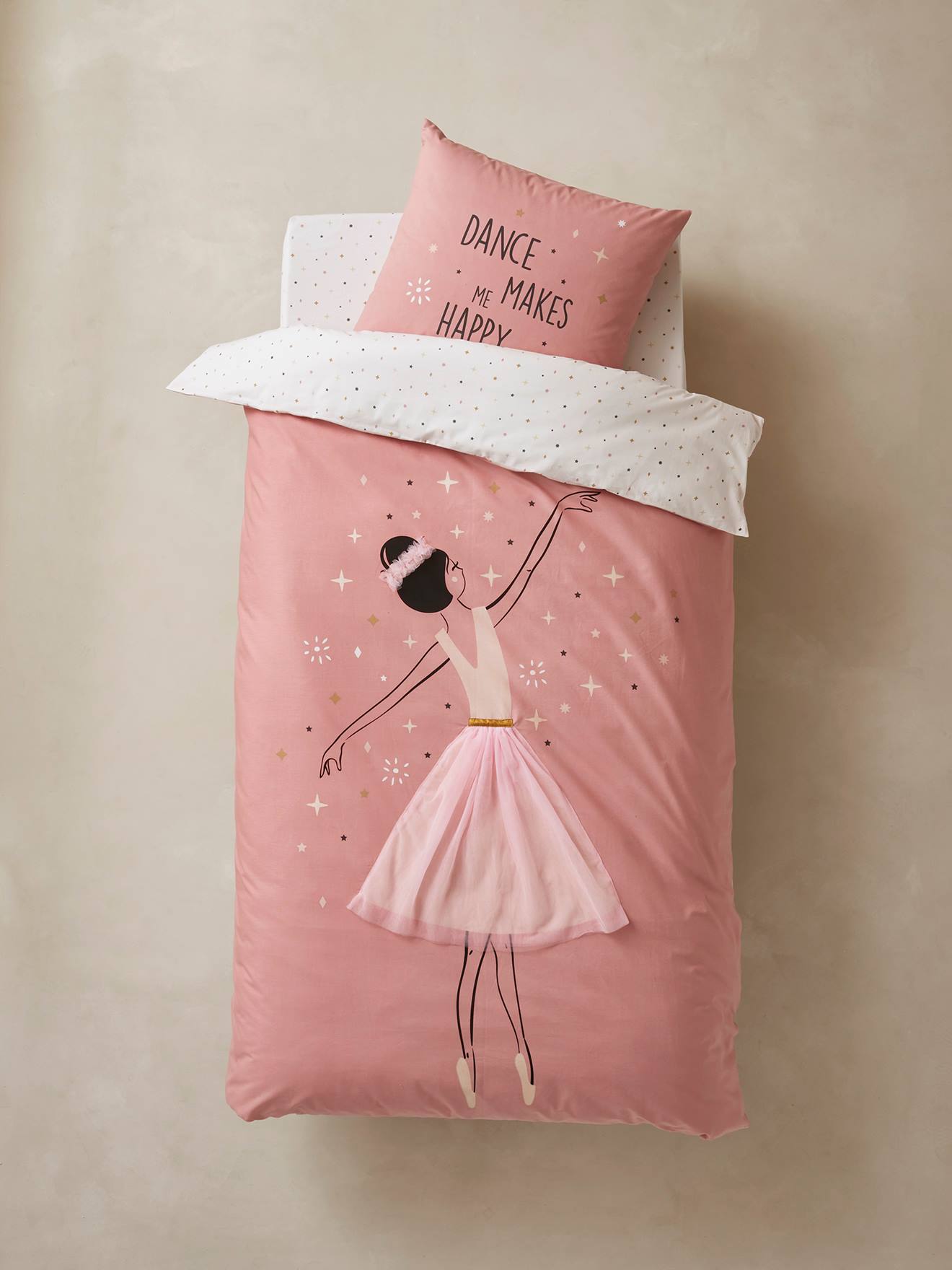 Conjunto de capa de edredom e fronha infantil Entrechat, rosa médio, liso com estampas.