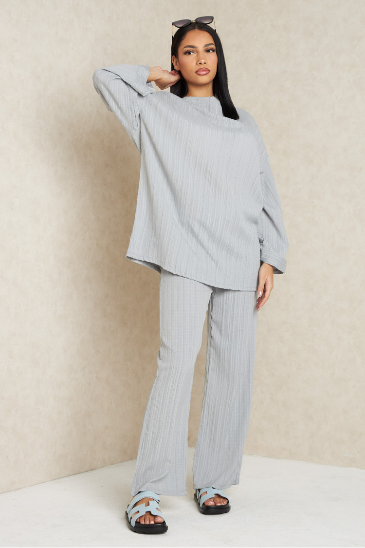 Ensemble 2 pièces pull fin + pantalon à rayures gris clair