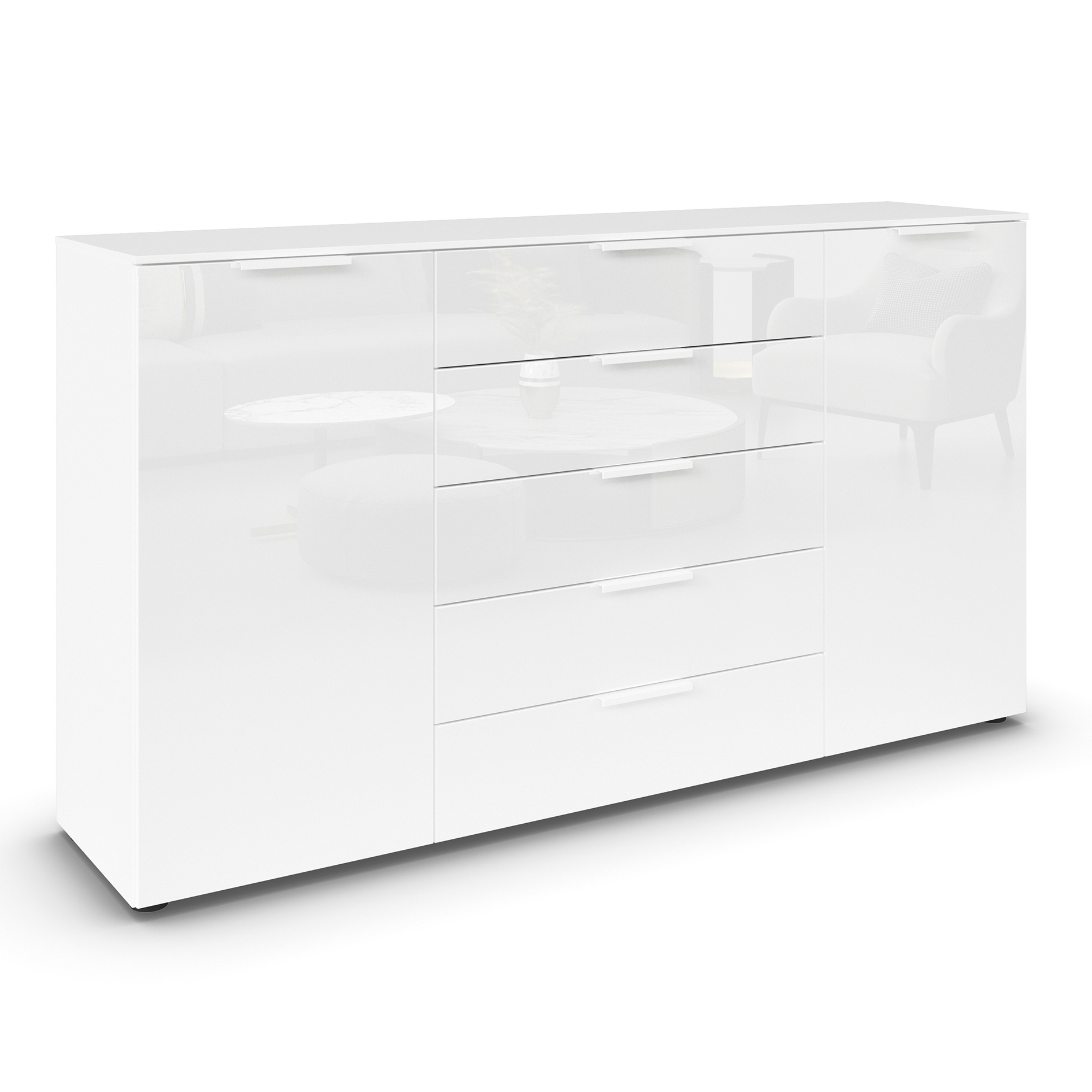 Kommode - alpinweiß-Kristallweißglas - weiße Griffe - 180 cm