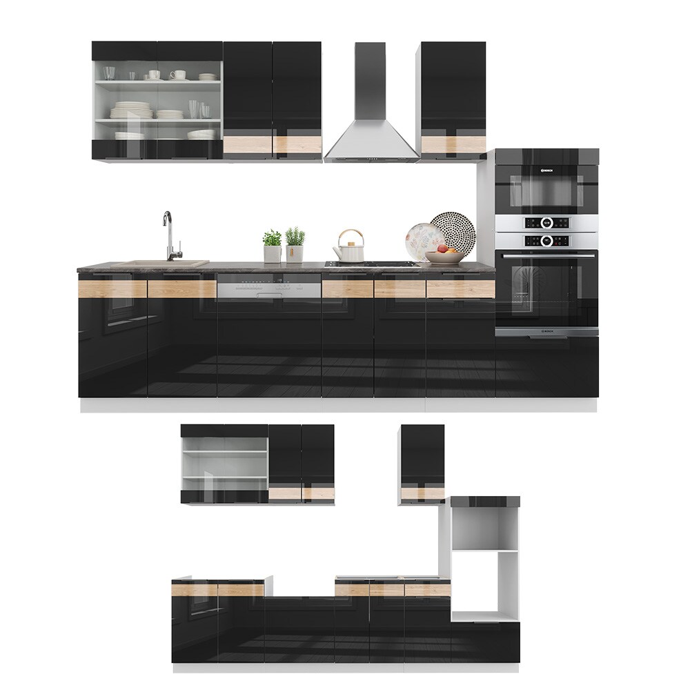 Vicco Küchenzeile Küchenblock Einbauküche Fame-Line Weiß Schwarz Eiche 300 cm modern Hochglanz Küchenschränke Küchenmöbel