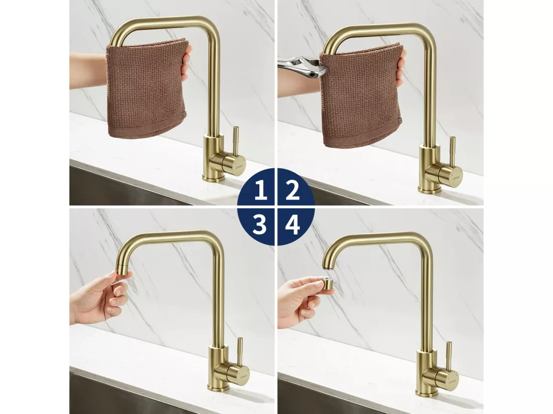 Lonheo MAX Mitigeur de Cuisine, Robinet Evier Flexible Rotatif à 360°, Mitigeur Cuisine Acier Inoxydable avec Aérateur Démontable,Doré Brossé,7-Forme