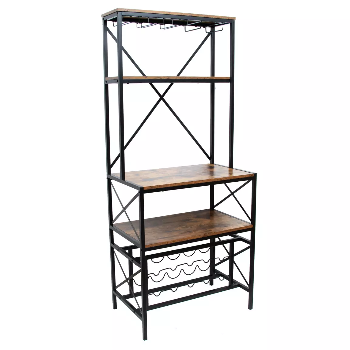 Meuble range-bouteilles industriel 10 emplacements et porte-verres (H178 cm) Léon Marron