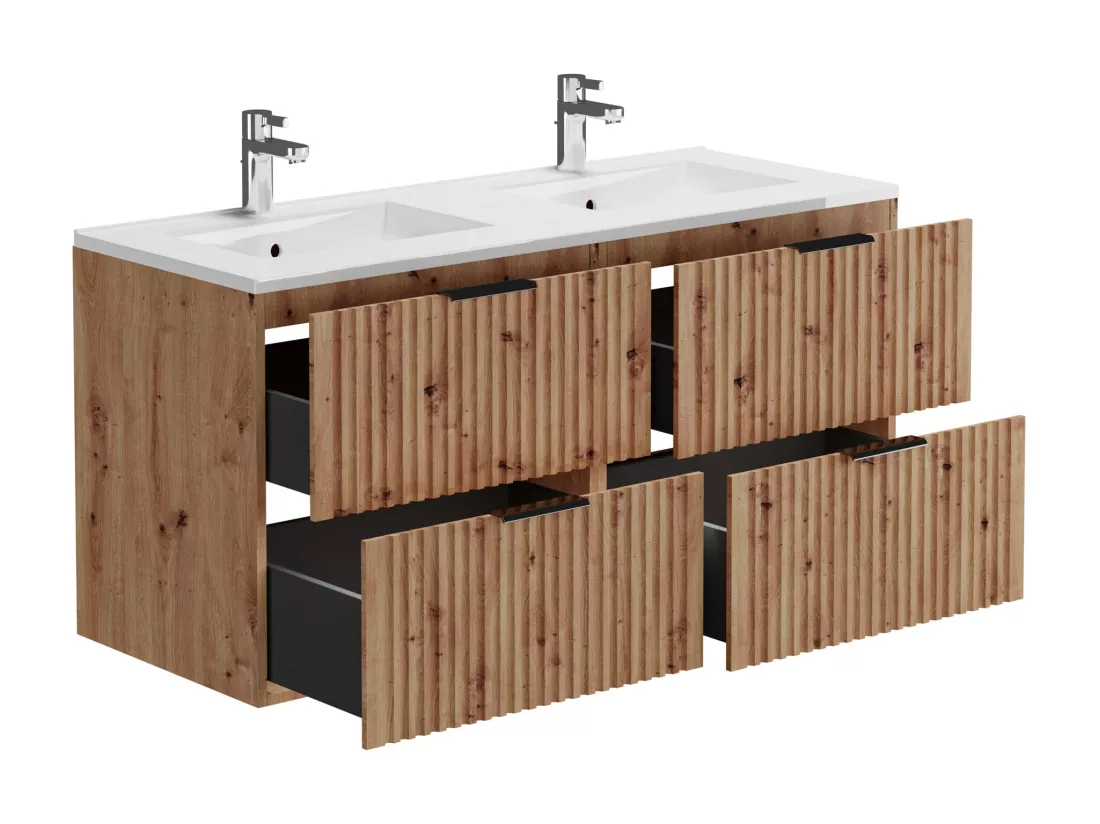Meuble de salle de bain suspendu strié avec vasque à encastrer - Naturel clair - 120 cm - ZEVARA