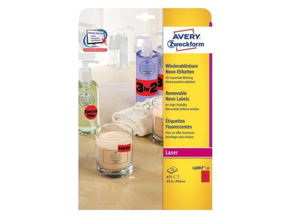 Avery Zweckform L6003 - Neonrød - 63.5 x 29.6 mm 675 etikett(er) (25 ark x 27) merkelapper reklame