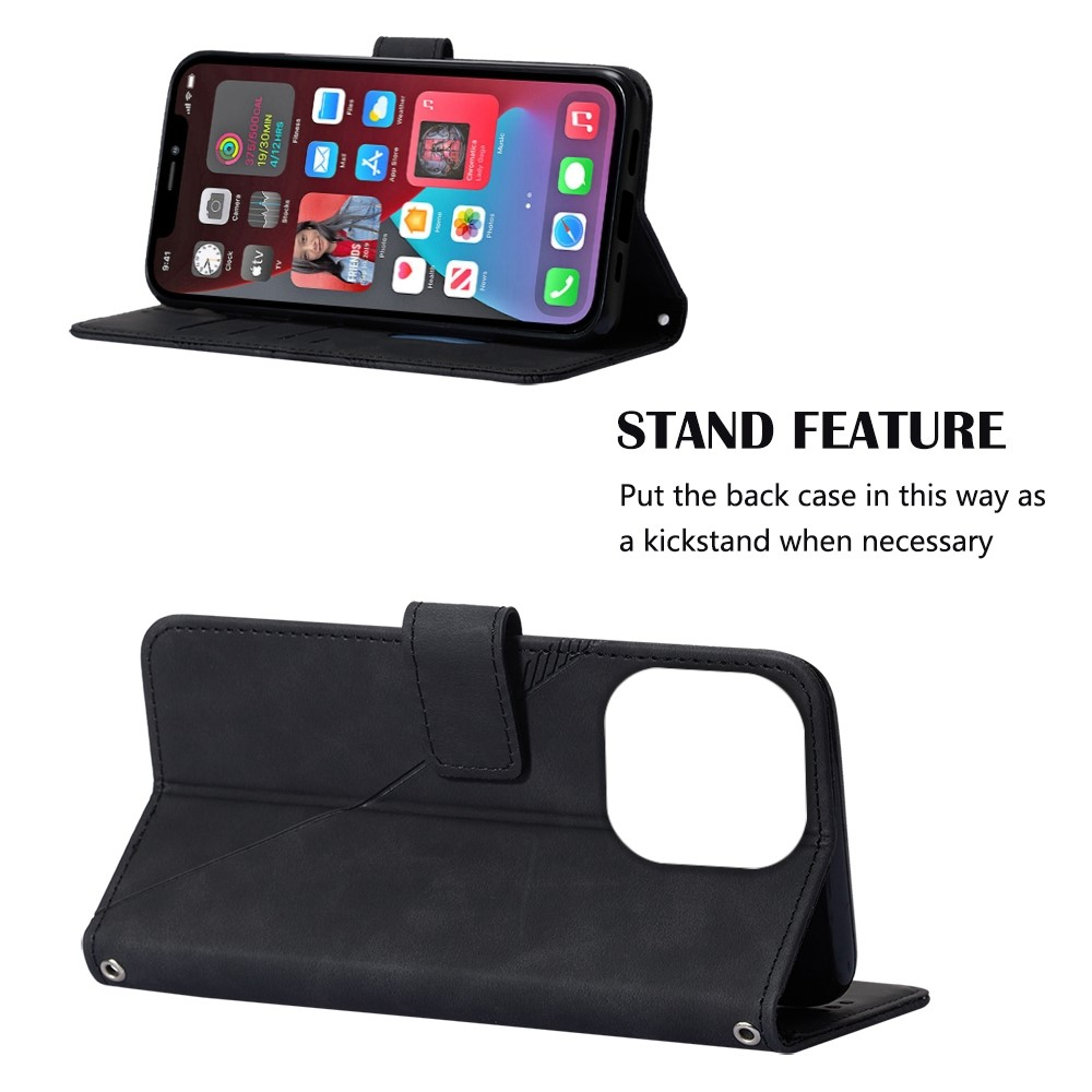 iPhone 14 Pro Necklace Leder Tasche Flip Cover Geometrisches Imprint Muster - Schwarz