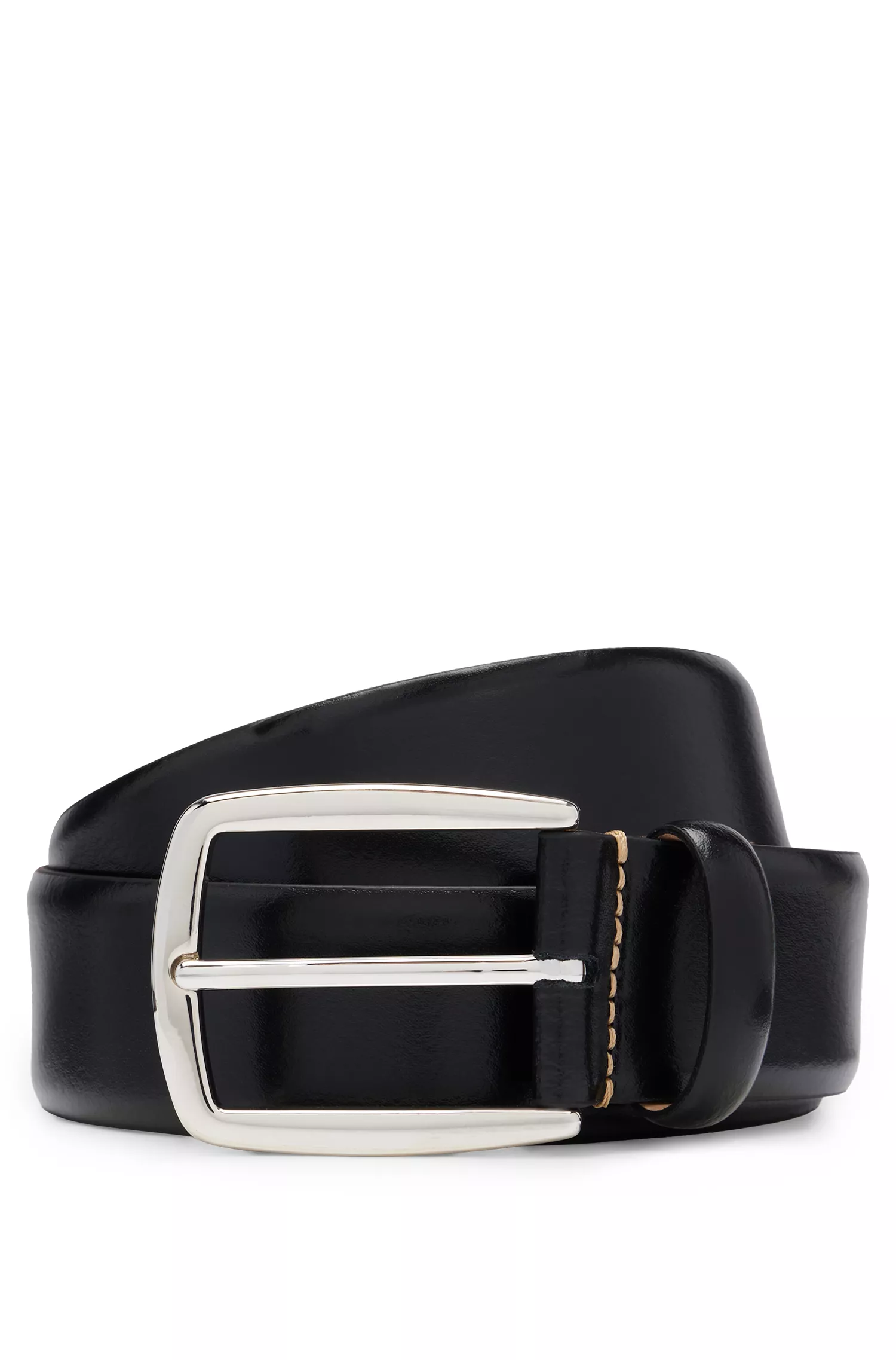 Cinto BOSS em couro italiano preto com costura contrastante.