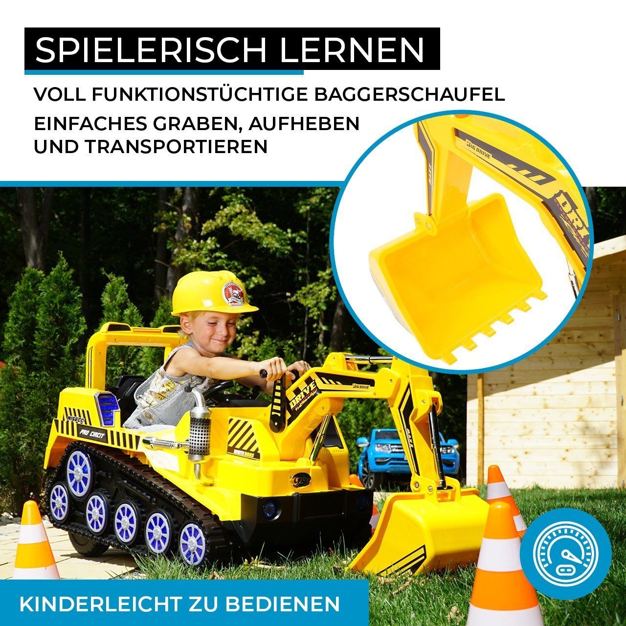 Escavadeira elétrica infantil Actionbikes Motors D2811 - inclui controle remoto e freio automático, capacidade de carga de 30 kg (3 peças), brinquedo elétrico infantil a partir de 3 anos - módulo de som - LED