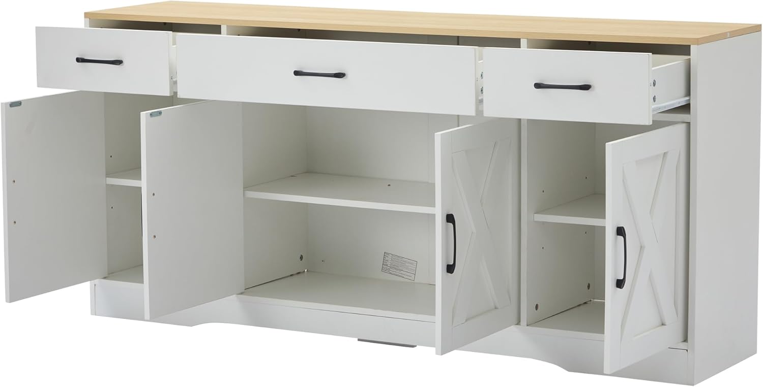 Wiuzo Modernes kommode weiß, Sideboard mit 3 schubladen& 4 Tür, 160x 37 x75 cm Multifunktionsschrank aus Holz, Wohnzimmer esszimmer Schrank, weißes Sideboard mit Dekoration