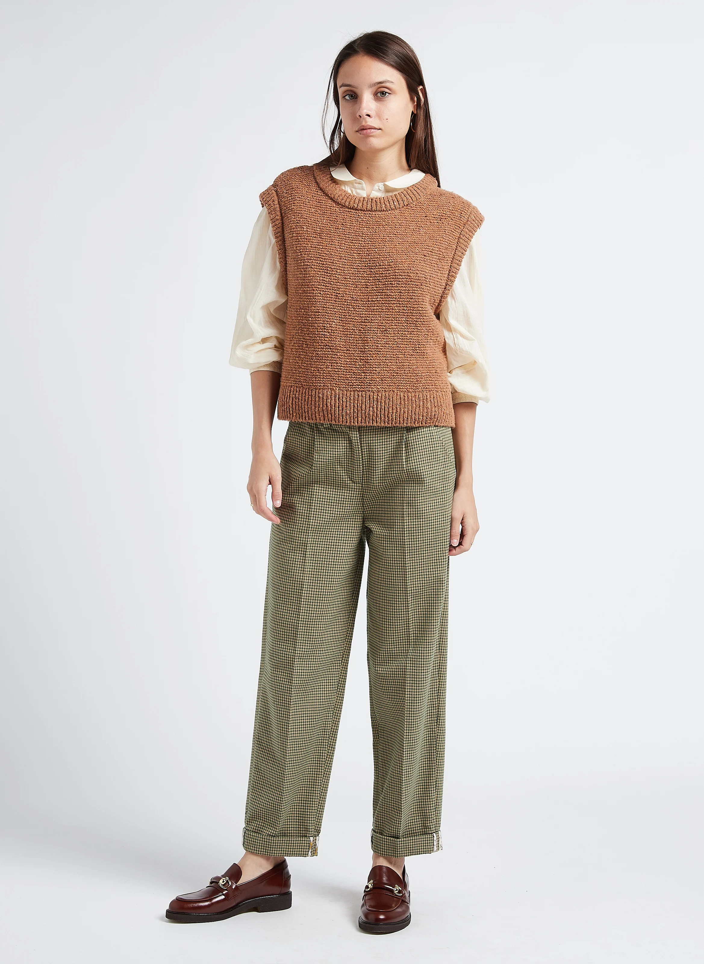 Pull sans manches col rond en laine mélangée | Marron