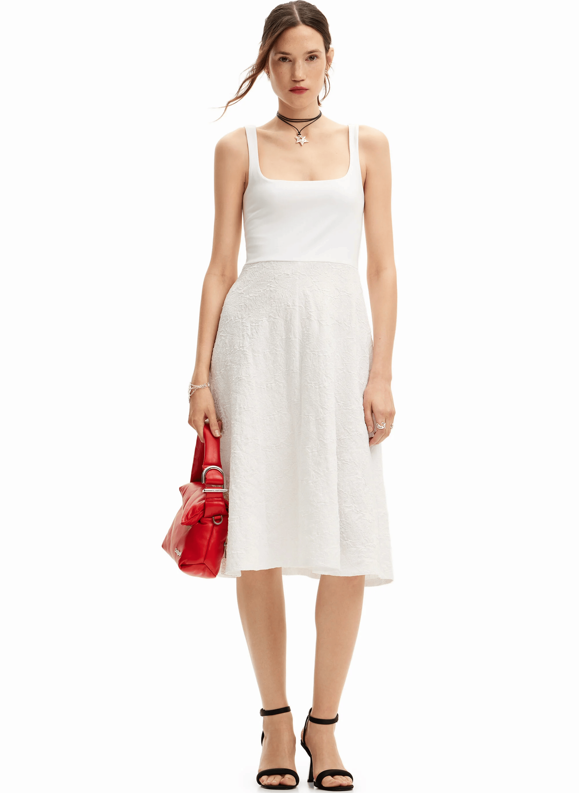 Robe midi droite encolure carrée en coton mélangé | Blanc