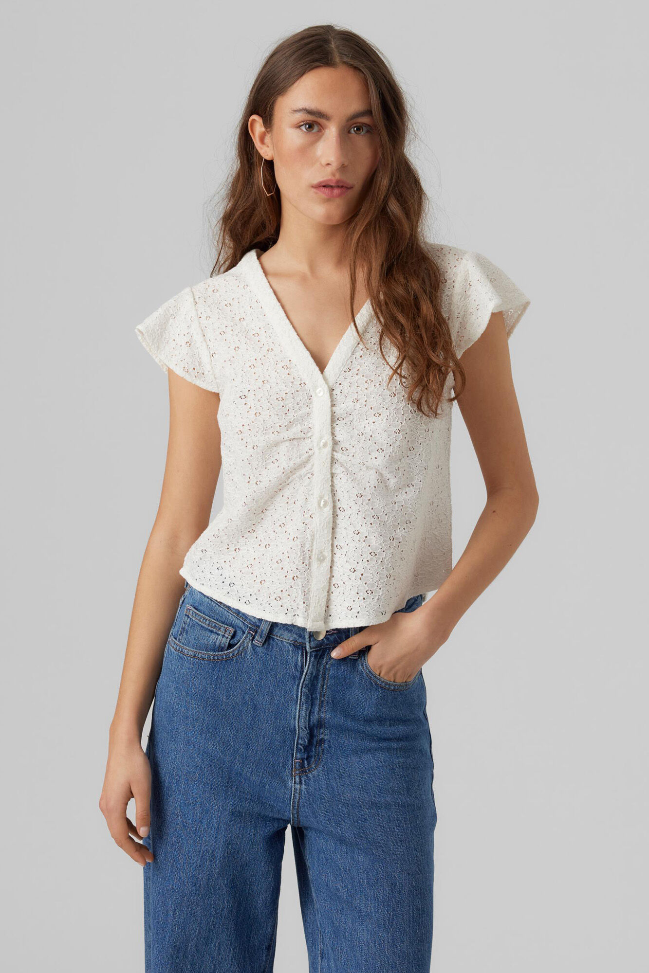 Blusa de manga curta com babados - Branca