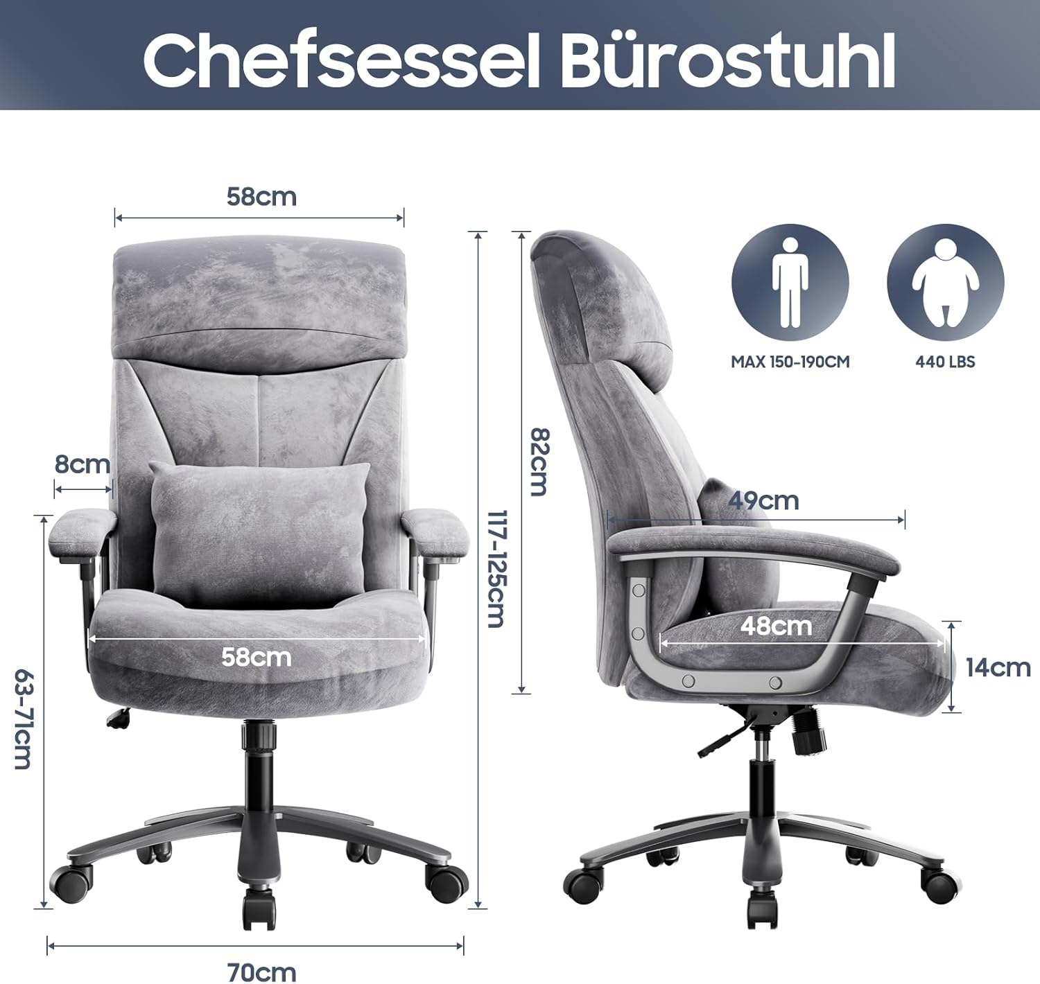 Bürostuhl Ergonomisch 200KG, Schreibtischstuhl Computerstuhl Office Chair, Hoher Rücken Ergonomischer Stuhl, Höhenverstellbarer, 360 ° drehbar, Grau Cord Stoff, (Aktualisierte)