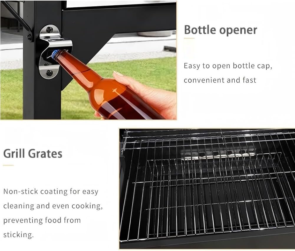 Großer Holzkohlegrill mit Deckelrädern und Thermometer – Edelstahlgriff Smoker BBQ für Camping Garten & Terrasse – Schwarz 112 x 47 x 100 cm