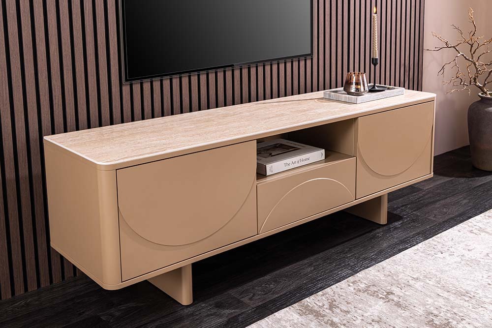 Design TV Board SAVOY 150cm grau beige greige Travertin Keramik mit Schublade 3D-Front