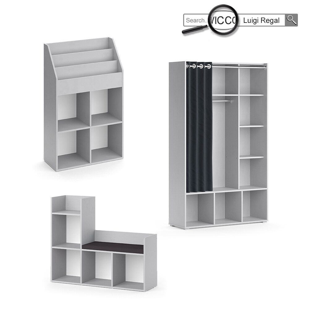 Vicco Kinderkleiderschrank Kinderzimmerschrank Kindergarderobe Luigi Hellgrau 106 x 178 cm modern Schrankregal Jugendzimmerschrank Organizer Vorhang Kleiderstange Fächer Aufbewahrung Spielzeugablage