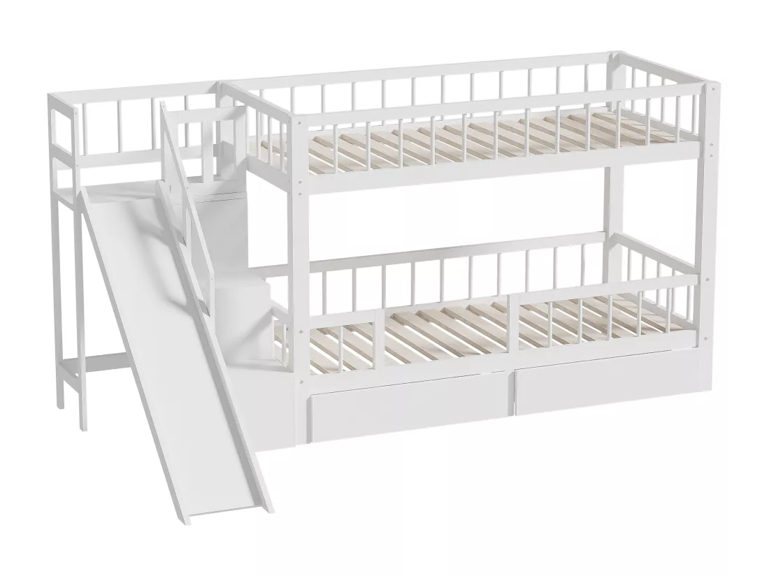 Lits superposés 2 x 90 x 200 cm avec 2 tiroirs et toboggan - bois massif - blanc