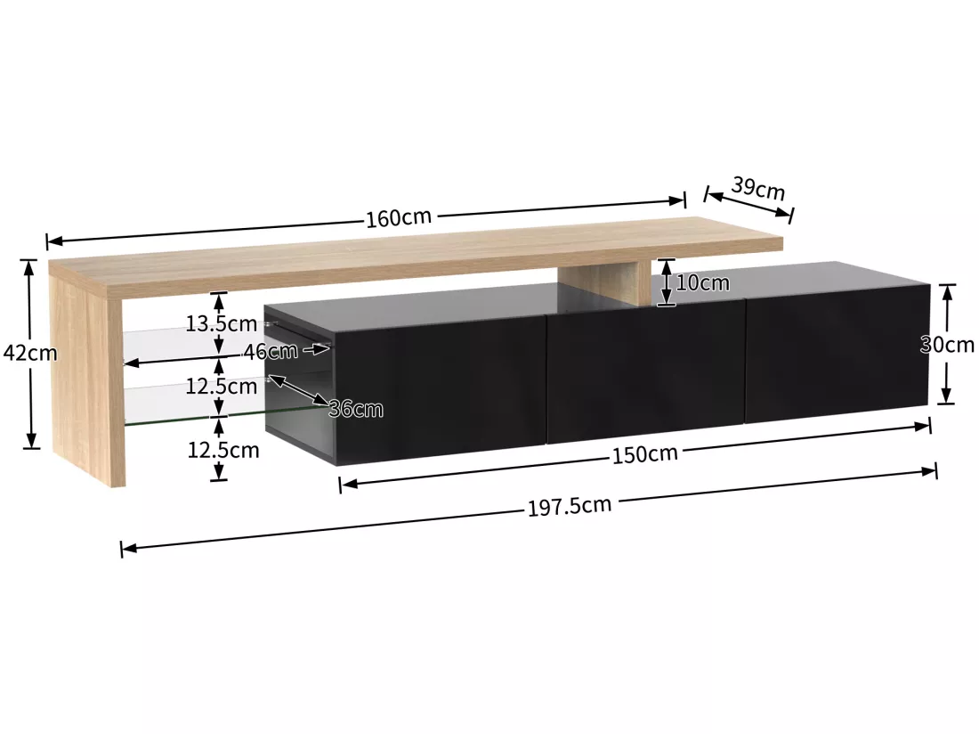 Meuble TV 200 cm - 3 portes et 2 compartiments en verre - style moderne - Noir & Naturel
