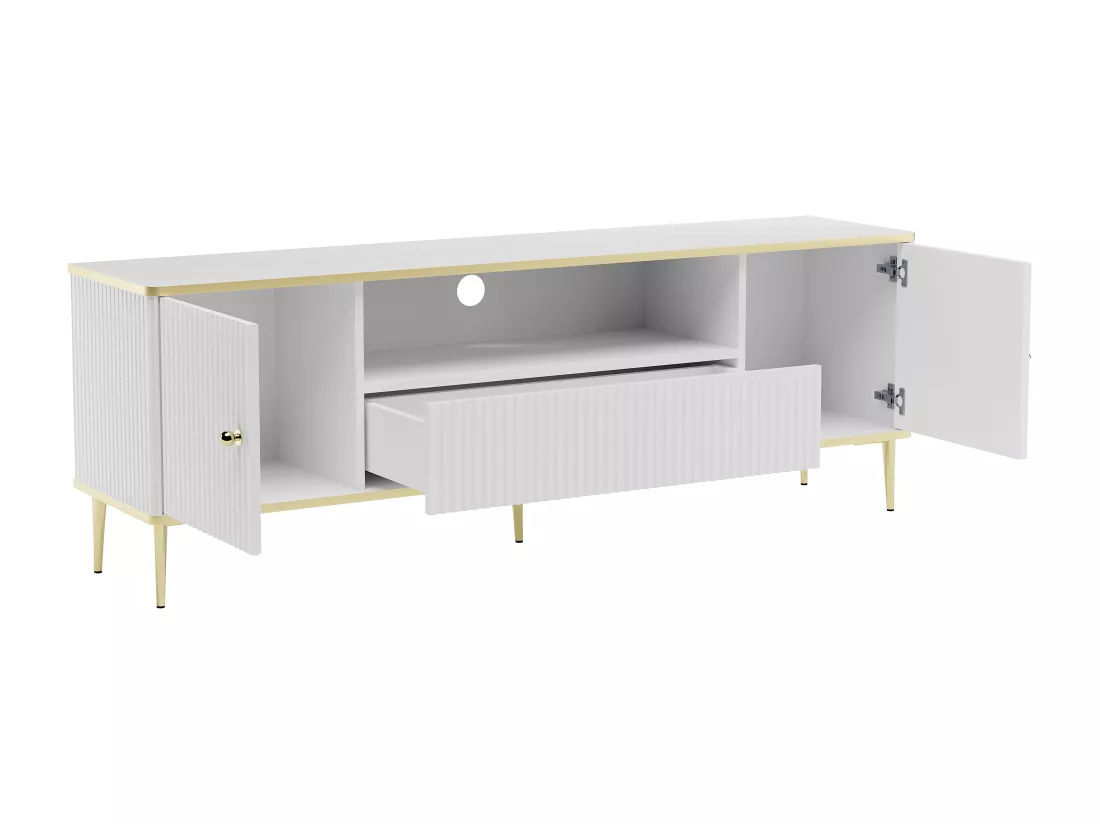 Meuble TV avec 2 portes, 1 tiroir et 1 niche en MDF et acier - Blanc et doré - SINEAD de Pascal MORABITO