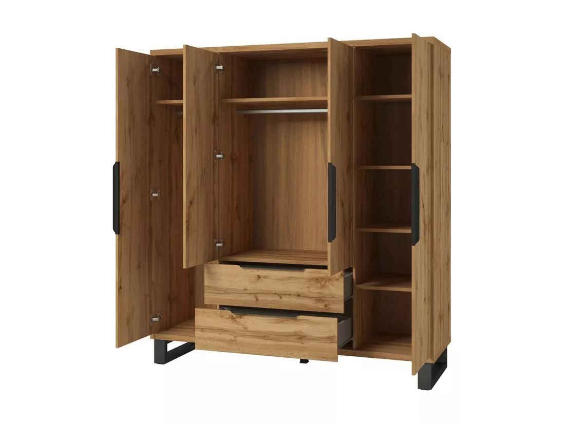 Chambre compléte industrielle MILOS : Armoire 4 portes, lit 160x200, commode, chevets, chêne brut/noir