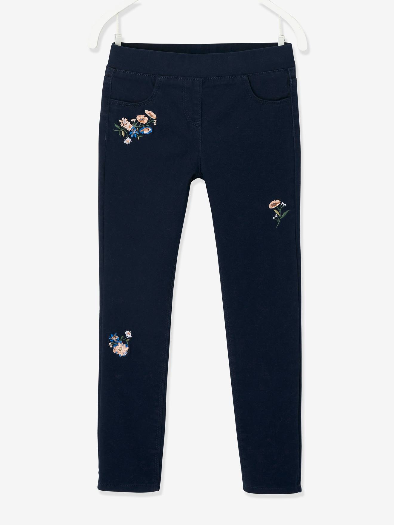 Calças legging coloridas com bordado floral, para meninas, lisas em azul escuro com estampas.