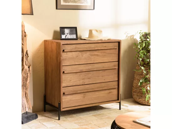 ALIDA - Commode 3 tiroirs en bois de teck recyclé pieds en métal noir