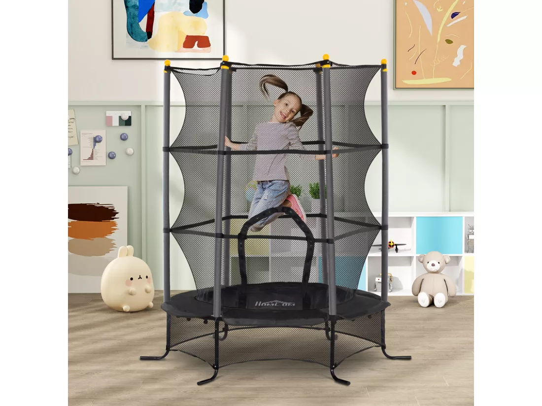 Trampoline de jardin enfants Ø 1,63 x 1,90H m filet de sécurité porte zipée couvre-ressorts + 6 poteaux rembourrés inclus noir