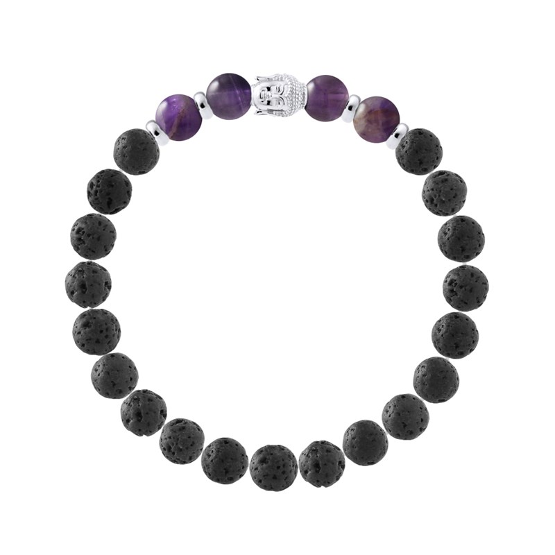Bracelet BUDDAH Améthyste Véritable - Pierre de Lave Naturelle - Argent 925