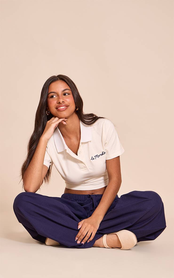 Bleu Marine Pantalon Petite En Lin Avec Taille À Cordon Coulissant