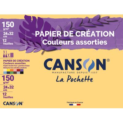 Canson Création - Pochette papier à dessin - 12 feuilles - 24 x 32 cm - 150 gr - couleurs assorties