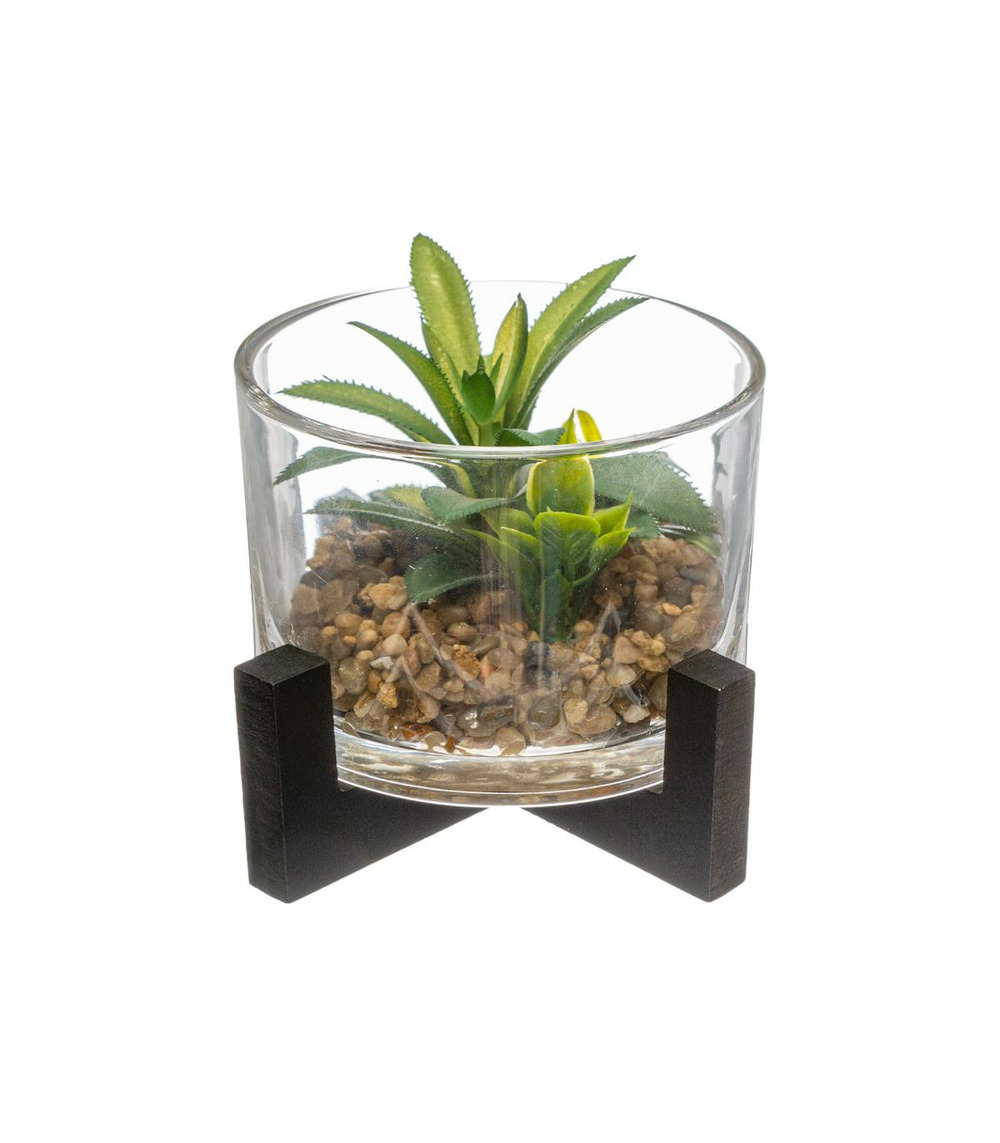 Plante artificielle pot en verre sur support en bois h 12 cm