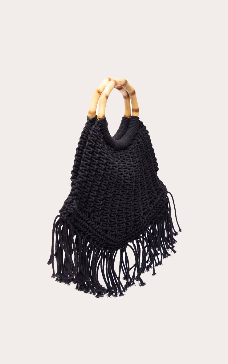 Noir Sac À Main En Macramé À Pompons Avec Poignée En Bois