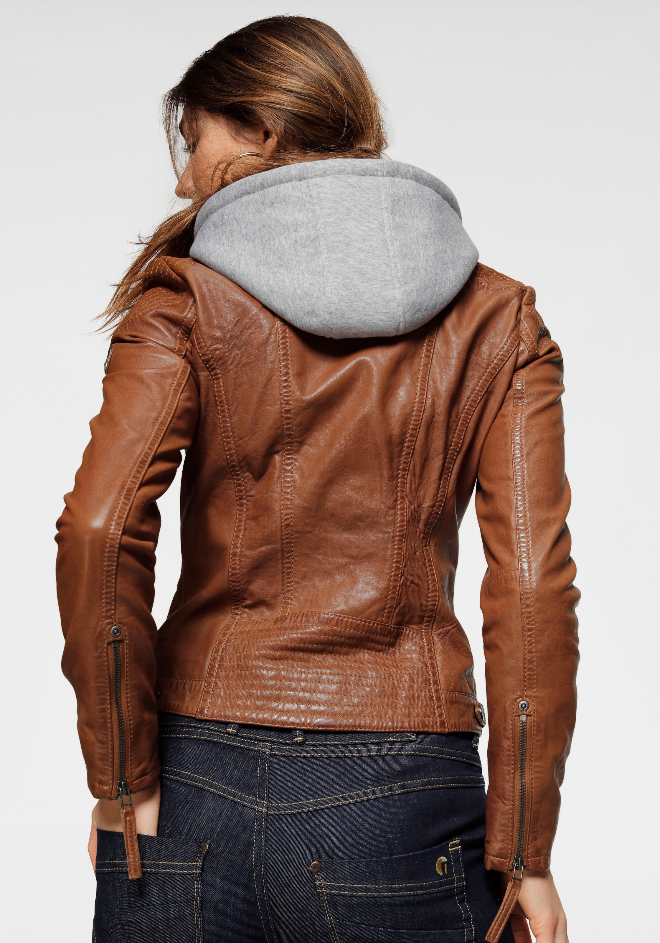 Mauritius Lederjacke »Junja« mit Kapuze mit abnehmbarem Kapuzen-Einsatz und aufwendigen Biker-Details