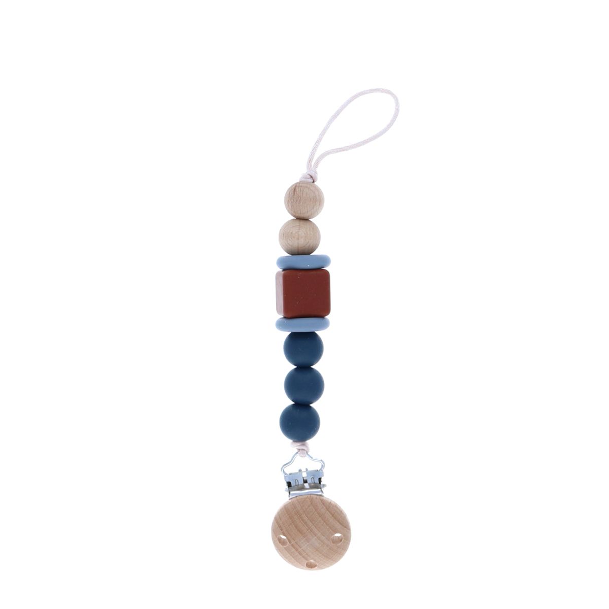 Attache tétine bleue et terracotta silicone Amande