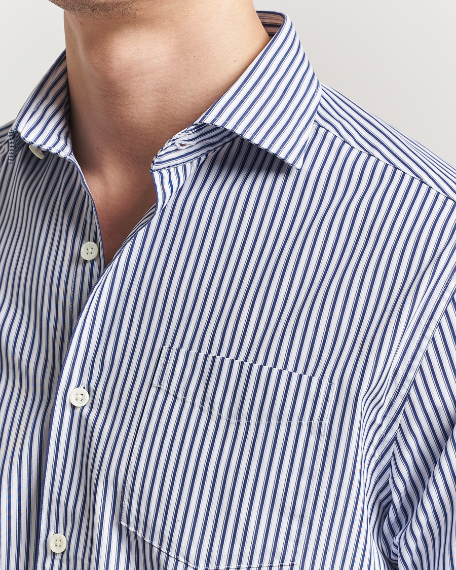 Oscar Jacobson Wide Spread Washed Stripe Shirt White/Blue