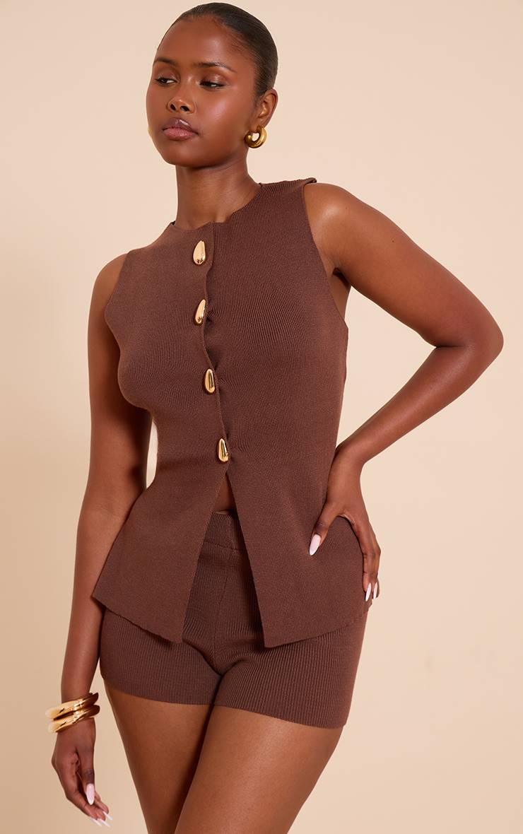 Chocolat Gilet Boutonné En Maille Compacte